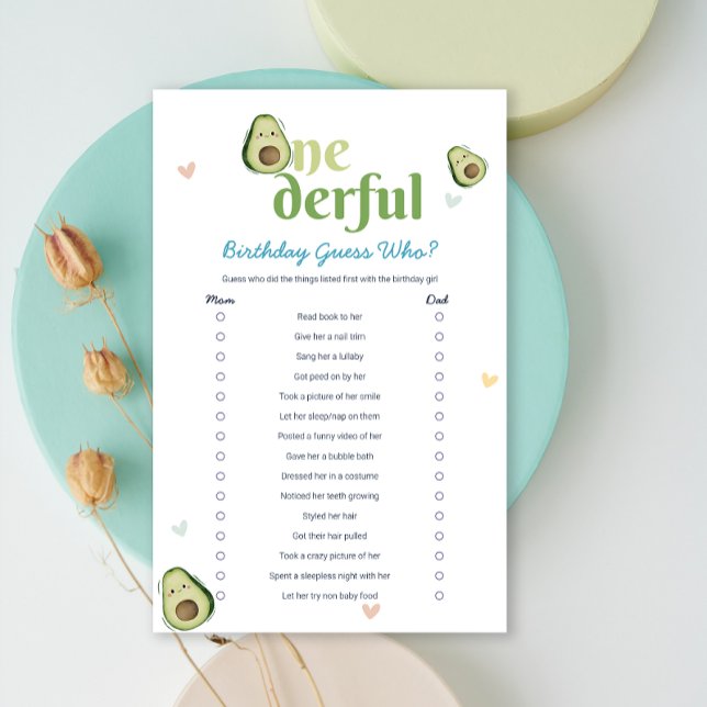 Niedliche Onederful Avocado 1. Geburtstagskarte (Cute Onederful Avocado 1st Birthday Game Card)