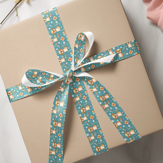 Niedliche Orange aquamarine Welpen-Blume Satinband