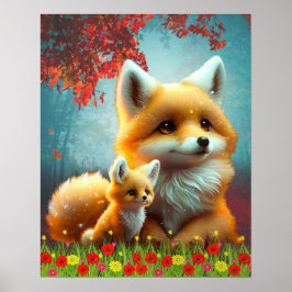 Niedliche Orange Fox Mama und Baby Art Kinderzimme Poster