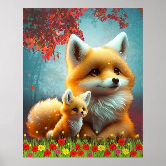 Niedliche Orange Fox Mama und Baby Art Kinderzimme Poster (Vorne)