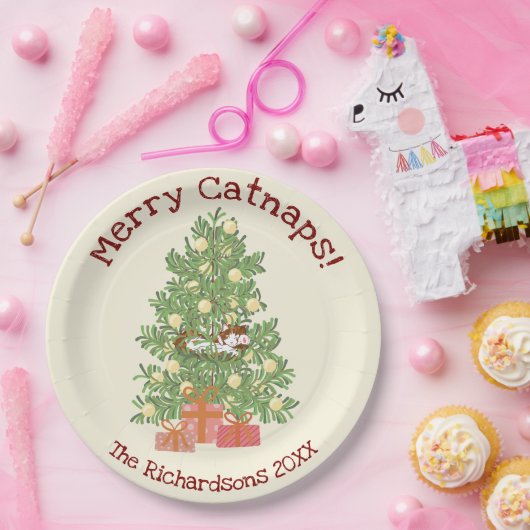 Niedliche Orange Katze auf Weihnachtsbaum Merry Ca Pappteller (Party)