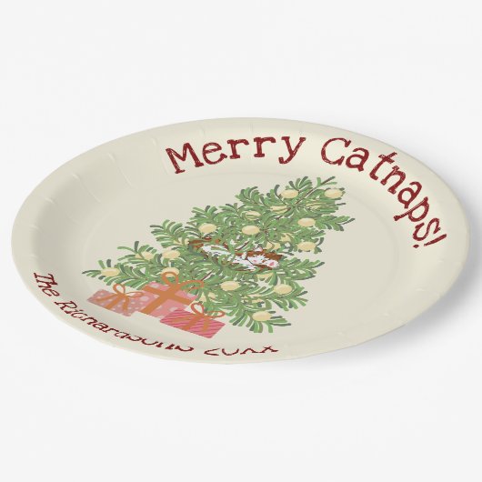 Niedliche Orange Katze auf Weihnachtsbaum Merry Ca Pappteller (Schrägansicht)