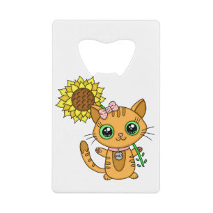 Niedliche Orange Kawaii Katze mit Sonnenblumen Geldbeutel Flaschenöffner