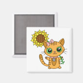 Niedliche Orange Kawaii Katze mit Sonnenblumen Magnet (Vorderseite/Rückseite)