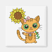 Niedliche Orange Kawaii Katze mit Sonnenblumen Magnet (Vorne)