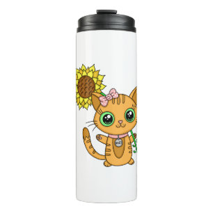 Niedliche Orange Kawaii Katze mit Sonnenblumen Thermosbecher
