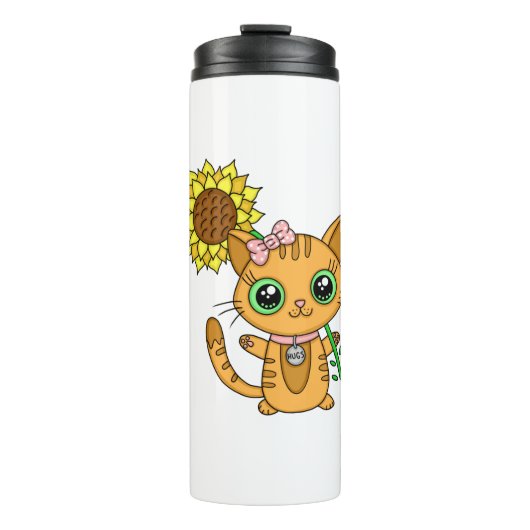 Niedliche Orange Kawaii Katze mit Sonnenblumen Thermosbecher (Vorderseite)