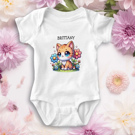 Niedliche Orange Kitty Cat bei Blume Personalisier Baby Strampler