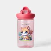 Niedliche Orange Kitty Cat bei Blume Personalisier Trinkflasche (Vorne)