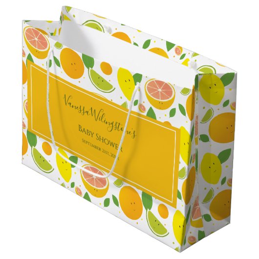 Niedliche Orange Lemon Citrus Fruit Baby Dusche Große Geschenktüte (Vorderseite Schrägansicht)