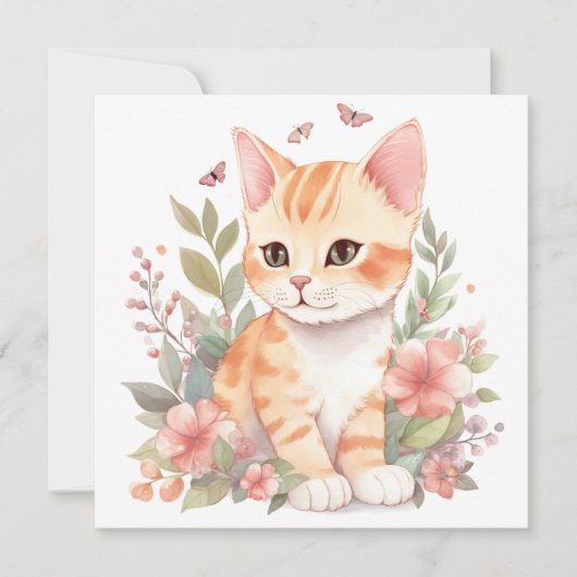 Niedliche Orange Tabby Kitten mit Blume Wasserfarb (Vorderseite)