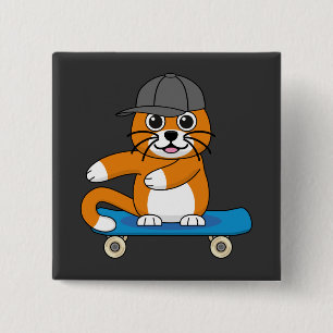 Niedliche orangefarbene Katze auf Skateboard Carto Button