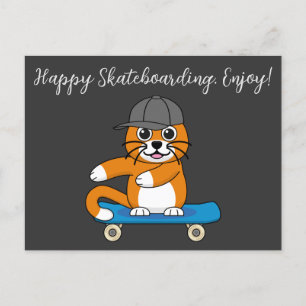 Niedliche orangefarbene Katze auf Skateboard Carto Feiertagspostkarte
