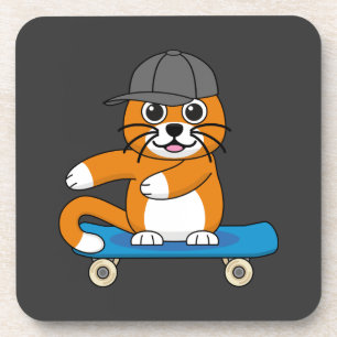Niedliche orangefarbene Katze auf Skateboard Carto Getränkeuntersetzer