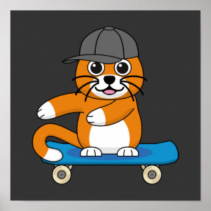 Niedliche orangefarbene Katze auf Skateboard Carto Poster