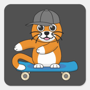 Niedliche orangefarbene Katze auf Skateboard Carto Quadratischer Aufkleber