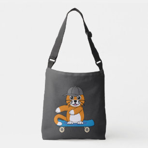 Niedliche orangefarbene Katze auf Skateboard Carto Tragetaschen Mit Langen Trägern