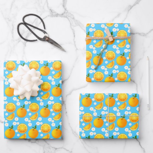 Niedliche Orangen und weiße Blume Geschenkpapier Set (Vorderseite)