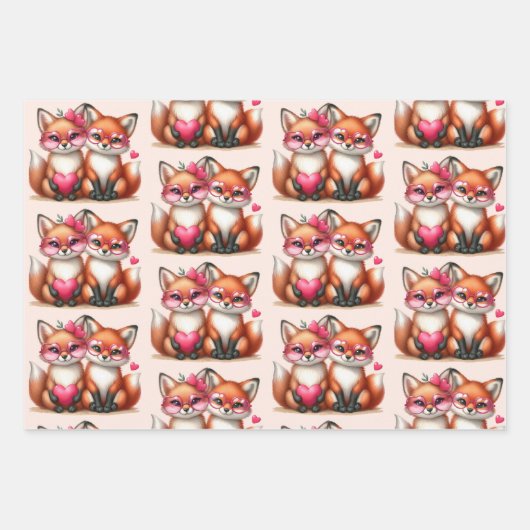 Niedliche Orangenfüchse im Muster der Liebe Geschenkpapier Set (Vorderseite)