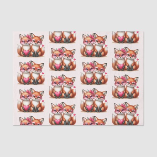 Niedliche Orangenfüchse im Muster der Liebe Seidenpapier (Vorderseite)