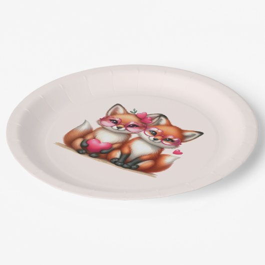 Niedliche Orangenfüchse in Liebe Pappteller (Schrägansicht)