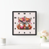 Niedliche Orangenfüchse in Liebe Quadratische Wanduhr (Zuhause)