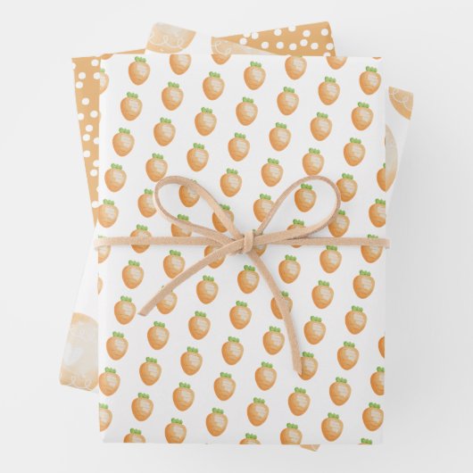 Niedliche Orangenkarotten, Ostereier und Punkte Geschenkpapier Set (Beispiel)