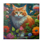 Niedliche Orangenkatze bei Blume Fliese (Vorderseite)