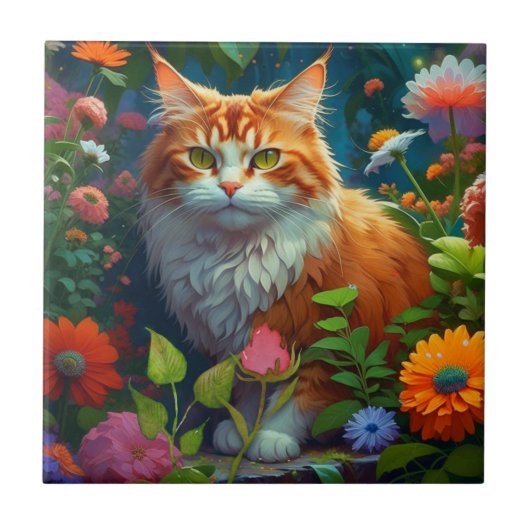 Niedliche Orangenkatze bei Blume Fliese (Vorderseite)