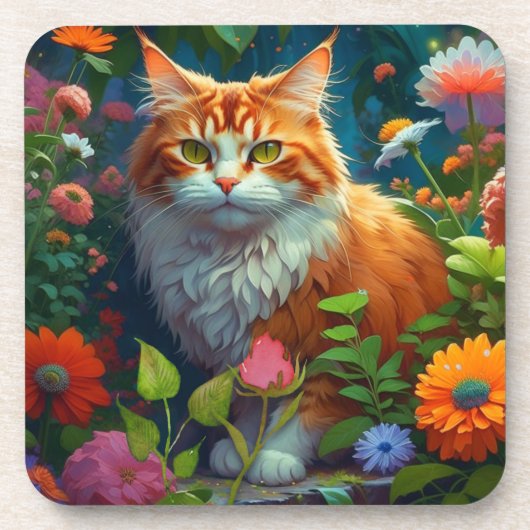 Niedliche Orangenkatze bei Blume Getränkeuntersetzer (Vorderseite)