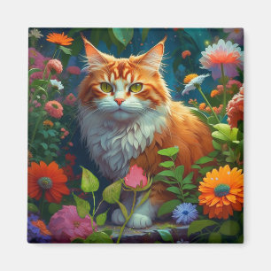 Niedliche Orangenkatze bei Blume Magnet