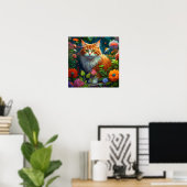 Niedliche Orangenkatze bei Blume Poster (Heimbüro)