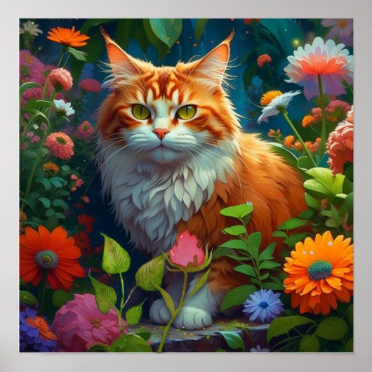 Niedliche Orangenkatze bei Blume Poster (Vorne)