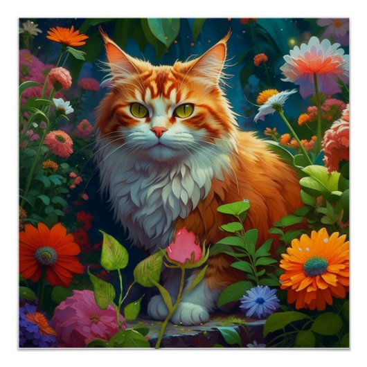 Niedliche Orangenkatze bei Blume Poster (Vorderseite)
