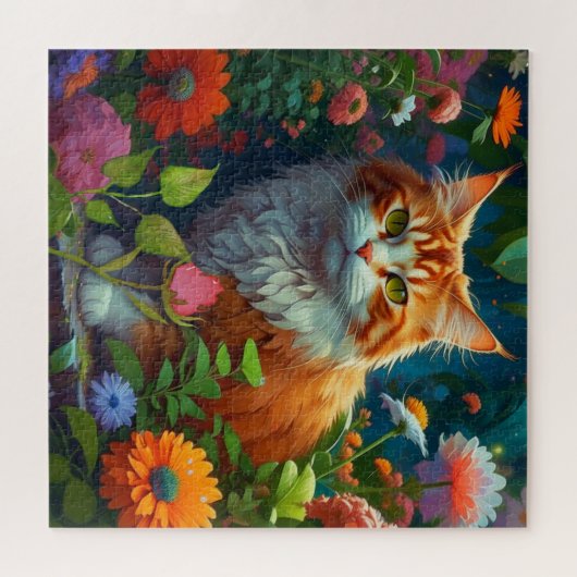 Niedliche Orangenkatze bei Blume Puzzle (Horizontal)