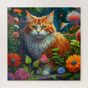 Niedliche Orangenkatze bei Blume Puzzle