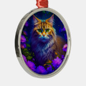 Niedliche Orangenkatze in violetten Blumen Ornament Aus Metall (Rechts)