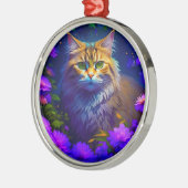 Niedliche Orangenkatze in violetten Blumen Ornament Aus Metall (Links)