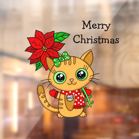 Niedliche Orangenkatze mit Poinsettia Weihnachten Fensteraufkleber (Blatt 2)