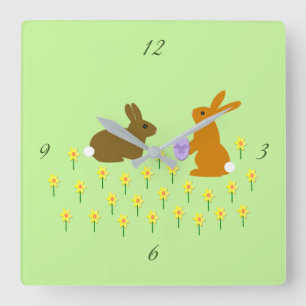 Niedliche OsterBunnien und Affodils Square Wall Cl Quadratische Wanduhr