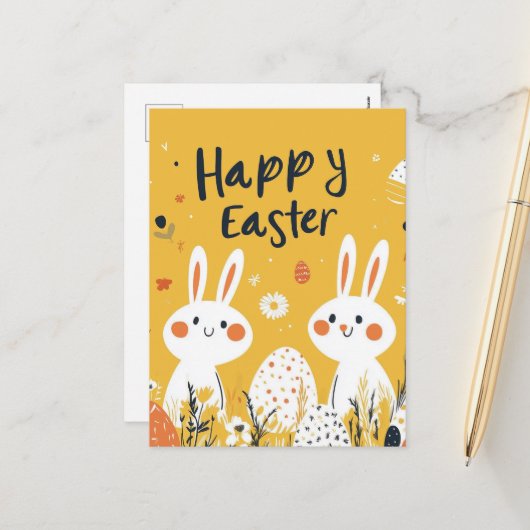 Niedliche Osterbunnies Gelbe Postkarte (Vorderseite/Rückseite Beispiel)