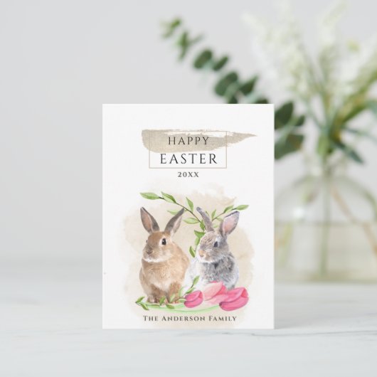 Niedliche OsterBunnies | Happy Oaster Watercolor A Postkarte (Stehend Vorderseite)