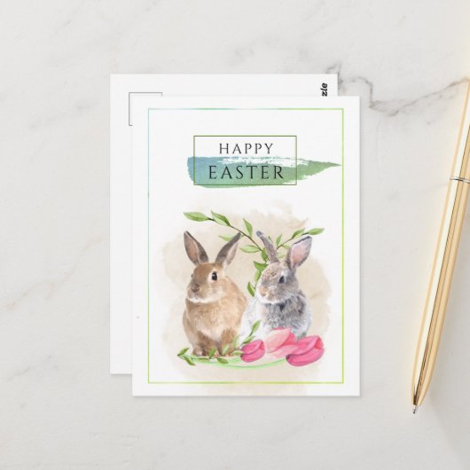 Niedliche OsterBunnies | Happy Oaster Watercolor A Postkarte (Vorderseite/Rückseite Beispiel)