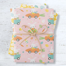 Niedliche Osterbüscheln in Karotten und Eierautos  Geschenkpapier Set