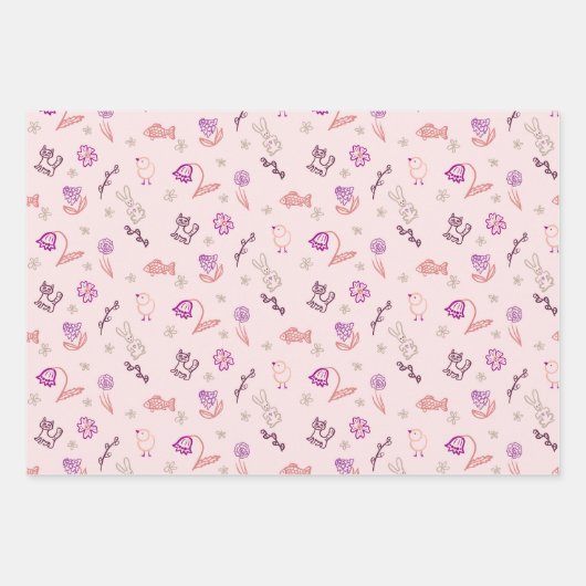 Niedliche Osterdoodtiere und Blume Geschenkpapier Set (Vorderseite)