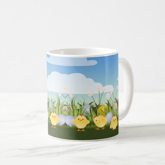 Niedliche Ostereier Baby Chicks und Blume Szene Kaffeetasse (VorderseiteRechts)