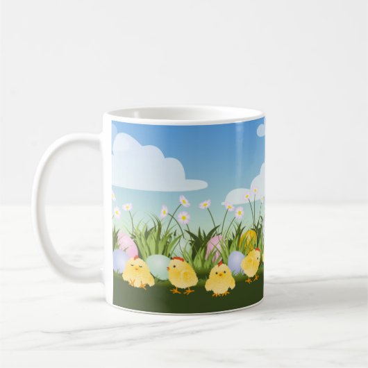 Niedliche Ostereier Baby Chicks und Blume Szene Kaffeetasse (Links)