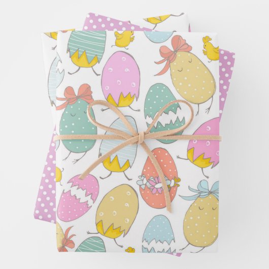 Niedliche Ostereier, Osterhühner und rosa Punkte Geschenkpapier Set (Beispiel)