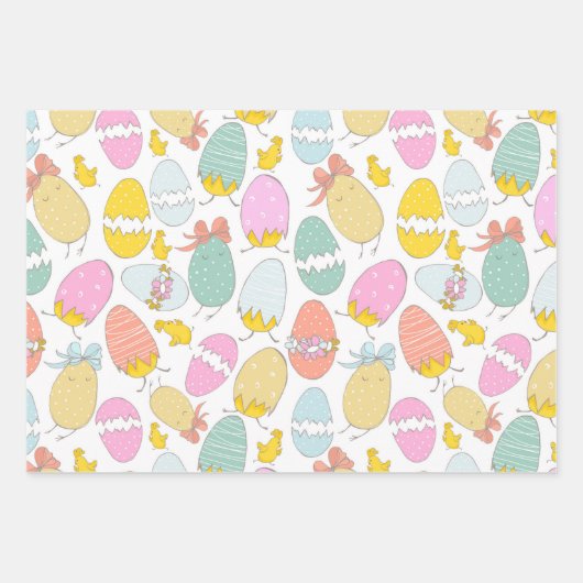 Niedliche Ostereier, Osterhühner und rosa Punkte Geschenkpapier Set (Vorderseite)