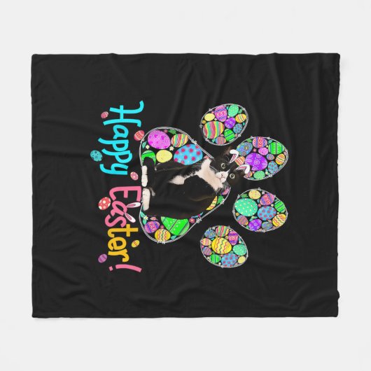 Niedliche Ostereier Paw Tuxedo Cat Happy Eas Fleecedecke (Vorderseite (Horizontal))